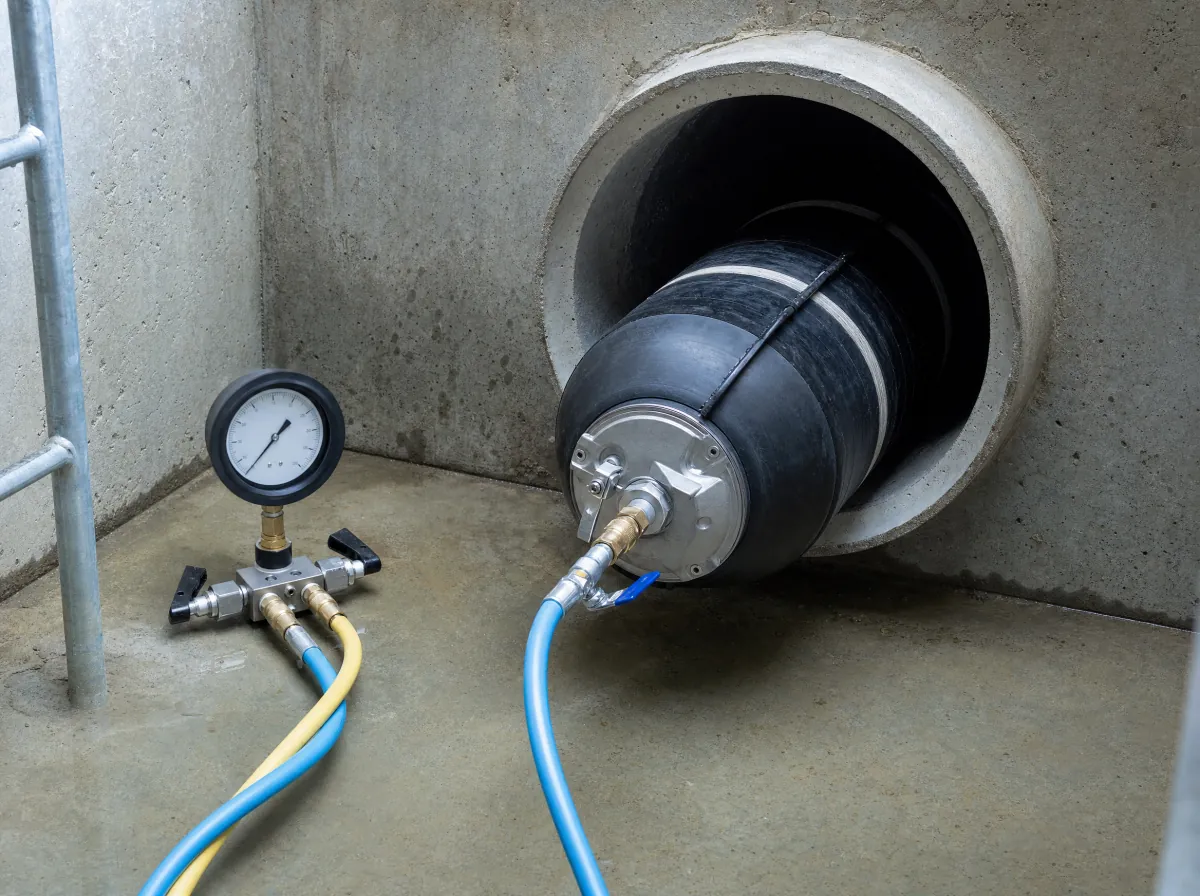 Absperrblase und Manometer am geöffneten Rohr in einem Kontrollschacht