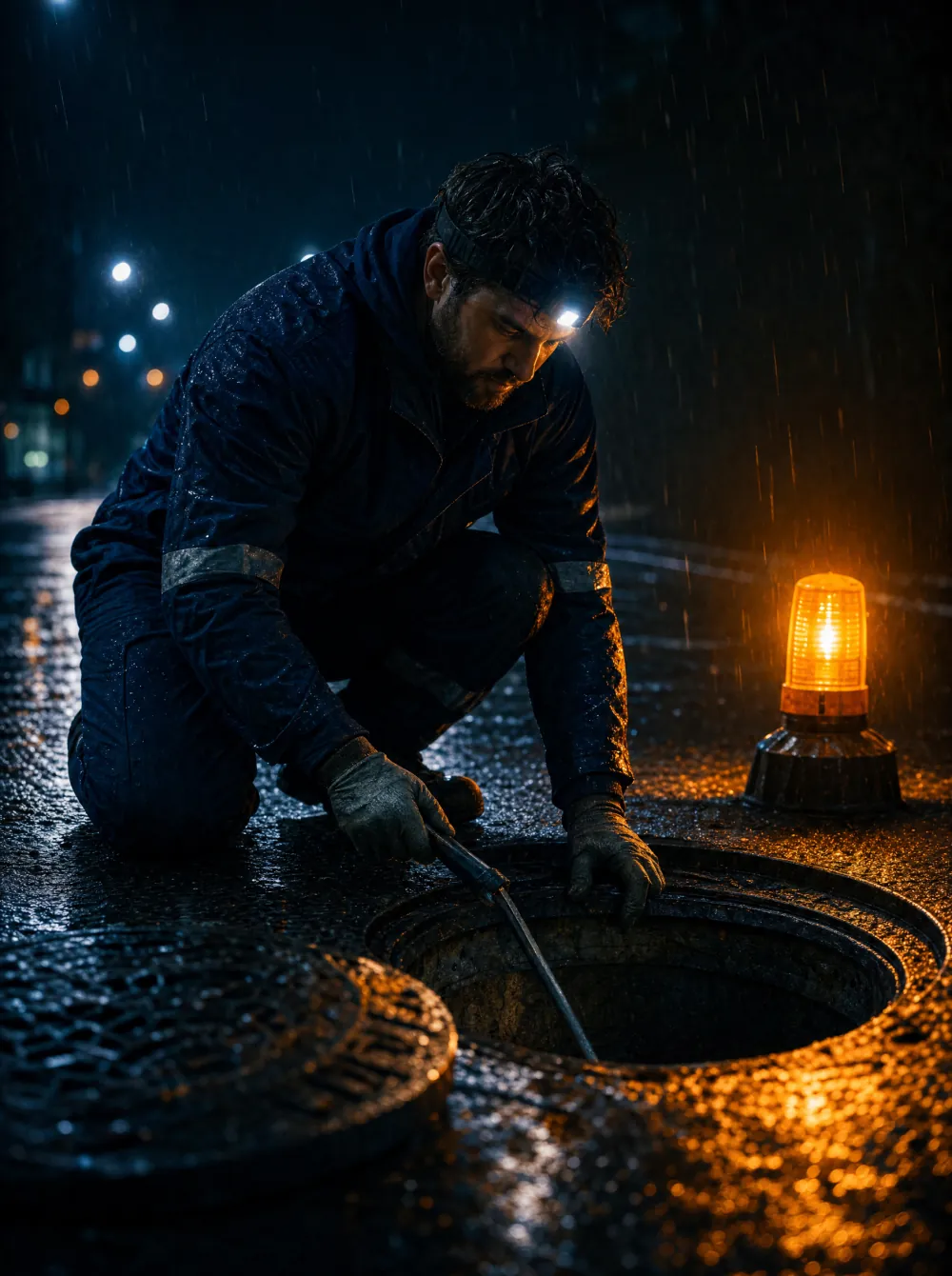 Monteur mit Stirnlampe arbeitet nachts im Regen an einem geöffneten Kanalschacht
