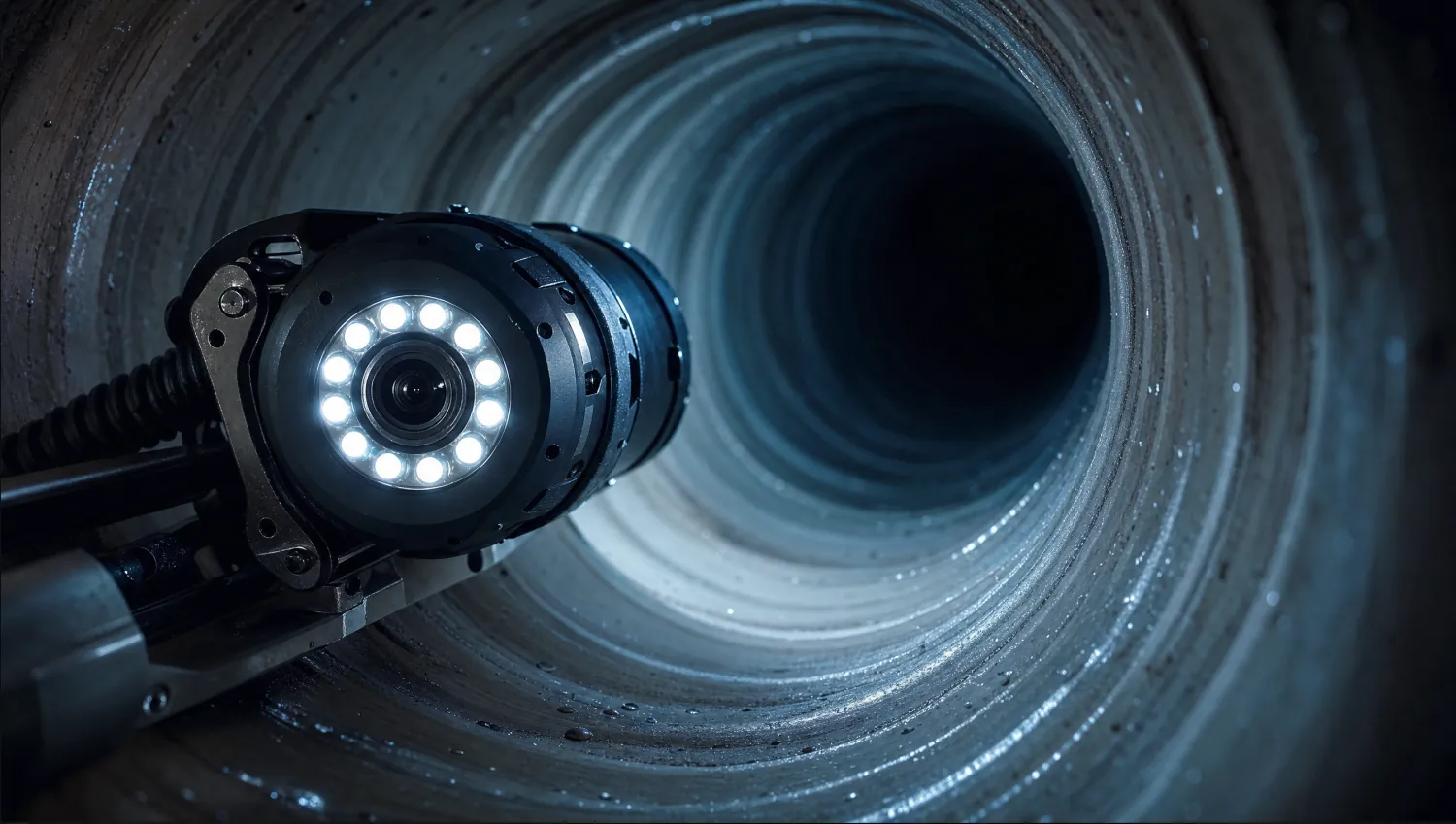 Kanalkamera mit LED-Ring beleuchtet die Wand eines Betonrohres von innen