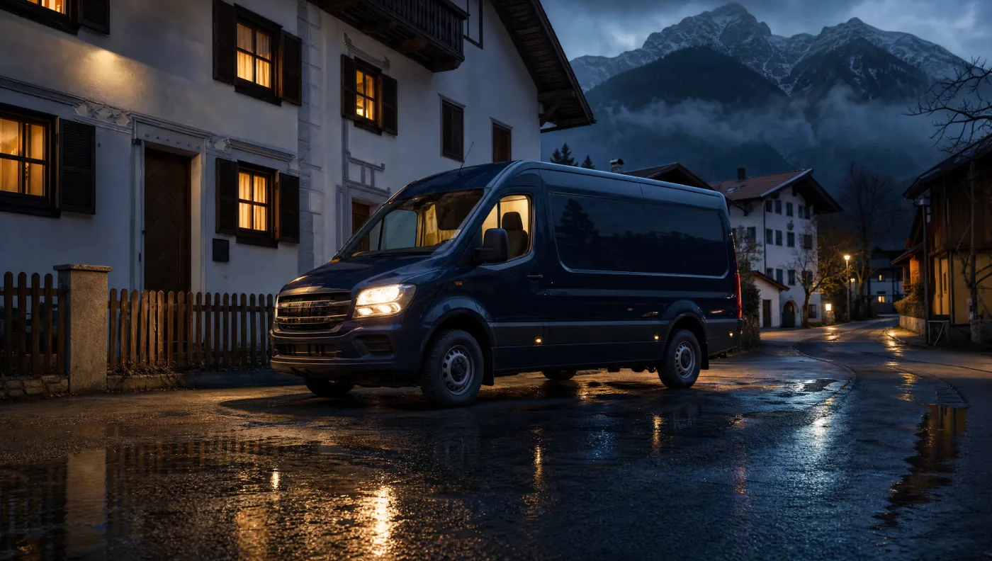 Dunkelblauer Servicetransporter auf einer regennassen Dorfstraße im bayerischen Alpenvorland
